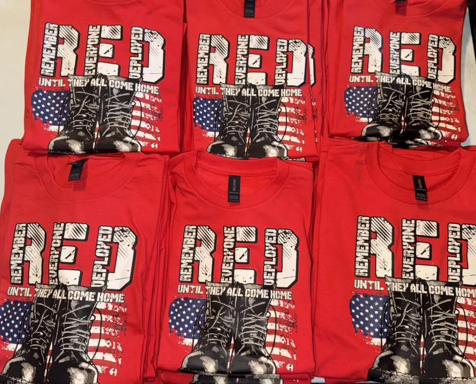 Patriotic RED remembrance custom printed tees with combat boots and flag
